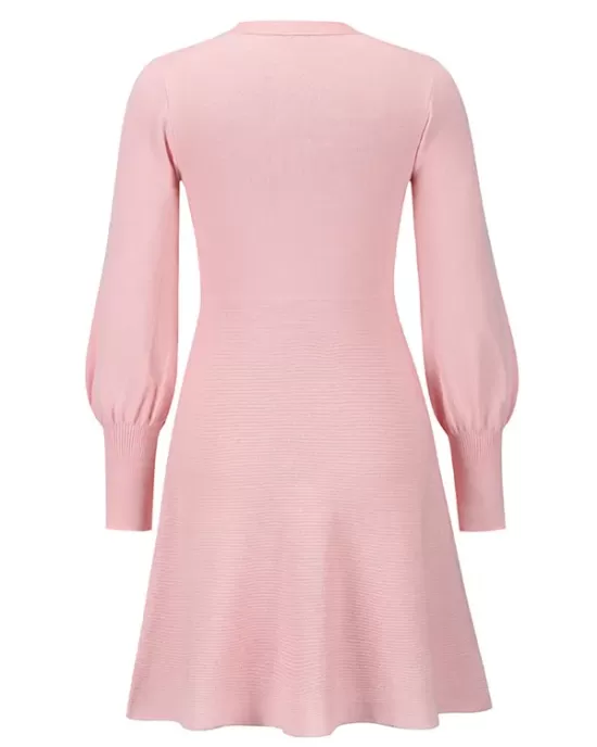 Solid Color Puff Sleeves Wrap Round-Neck Sweater Dress