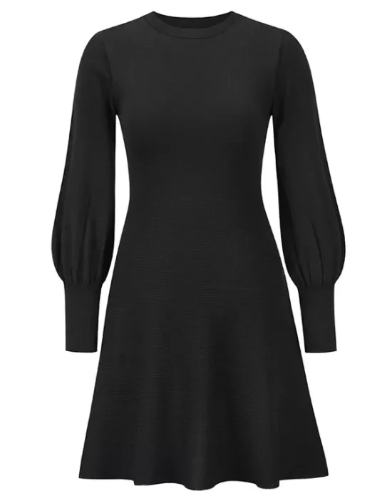 Solid Color Puff Sleeves Wrap Round-Neck Sweater Dress