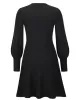 Solid Color Puff Sleeves Wrap Round-Neck Sweater Dress