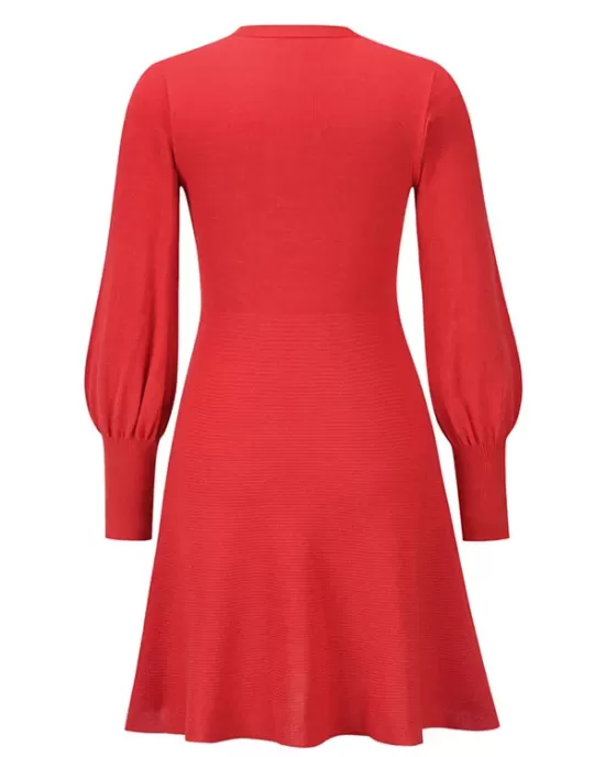 Solid Color Puff Sleeves Wrap Round-Neck Sweater Dress