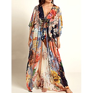 Floral Chiffon Half Sleeve Loose Long Cardigan Cover-Up Swimwear