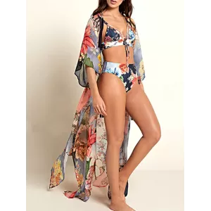 Floral Chiffon Half Sleeve Loose Long Cardigan Cover-Up Swimwear