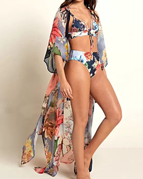 Floral Chiffon Half Sleeve Loose Long Cardigan Cover-Up Swimwear