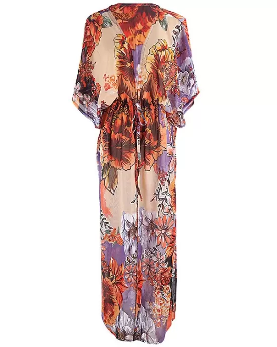 Floral Chiffon Half Sleeve Loose Long Cardigan Cover-Up Swimwear