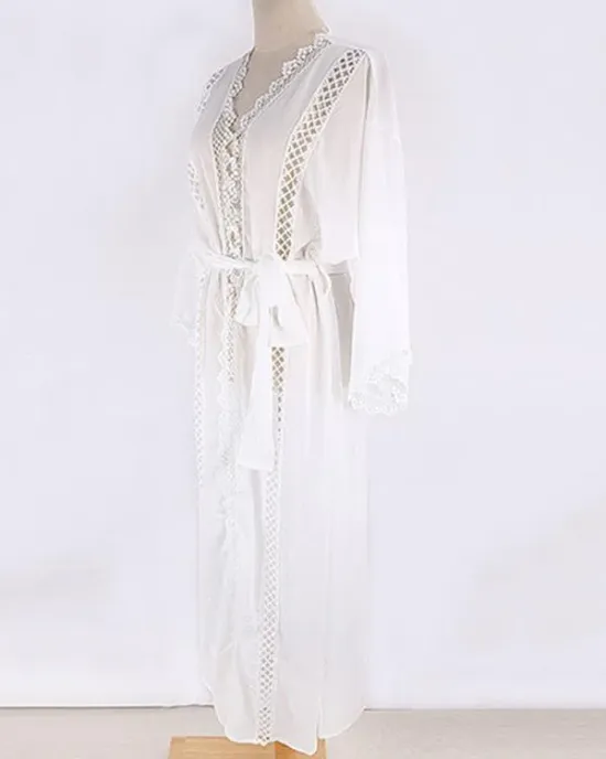 Solid Color Lace Split-Joint Long Sleeve Tunicshang Cover-Ups