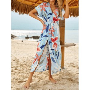 Short Sleeve V-Neck Midi Dress Cover-Up Swimwear