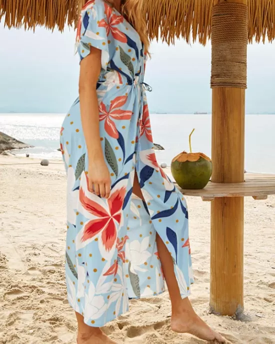 Short Sleeve V-Neck Midi Dress Cover-Up Swimwear