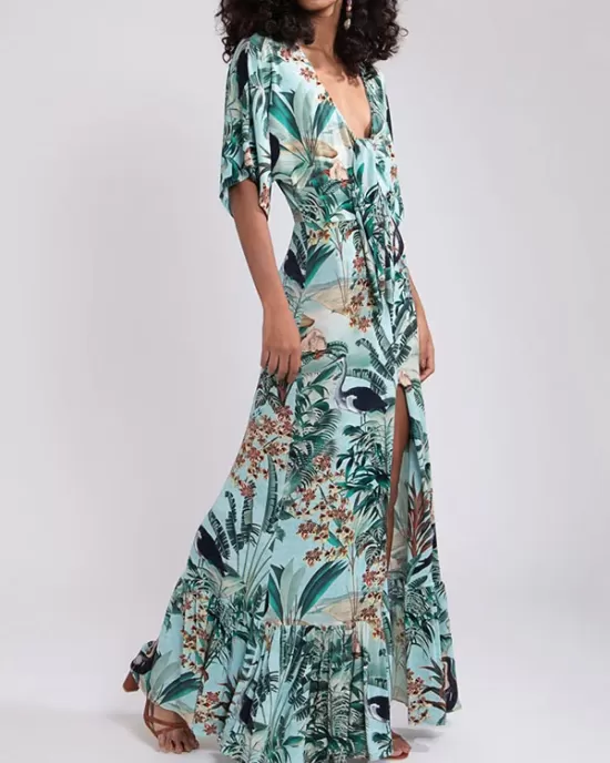 Floral-Print Half Sleeve Knotted Maxi Dress