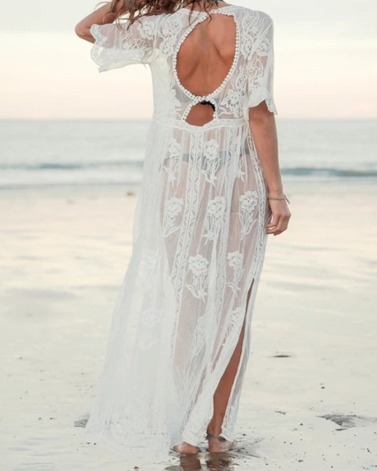 Short Sleeve Split-Side Backless Lace Cover-Up Swimwear