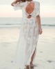 Short Sleeve Split-Side Backless Lace Cover-Up Swimwear