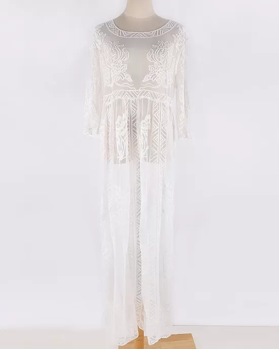 Short Sleeve Split-Side Backless Lace Cover-Up Swimwear