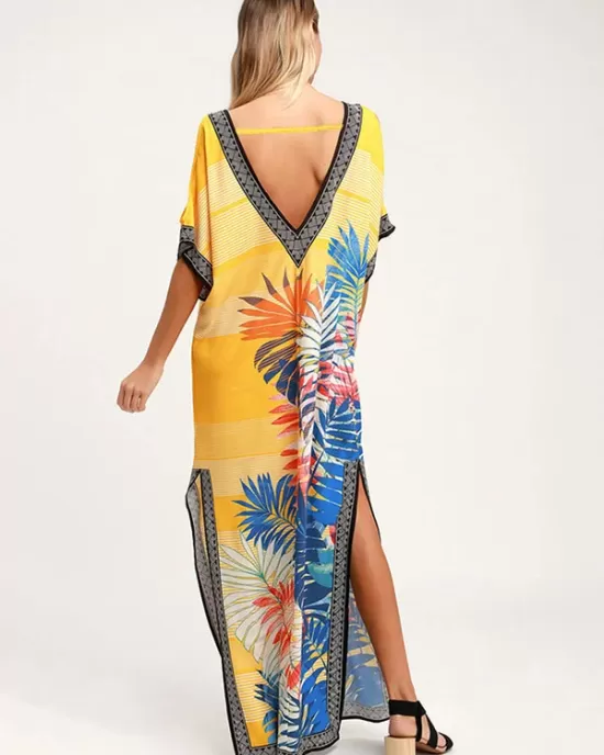 Off-The-Shoulder Floral Bandage V-Back Split-Side Cover-Up Swimwear