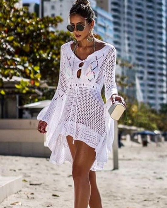 Flared Sleeves Crochet Swimwear Cover-Ups