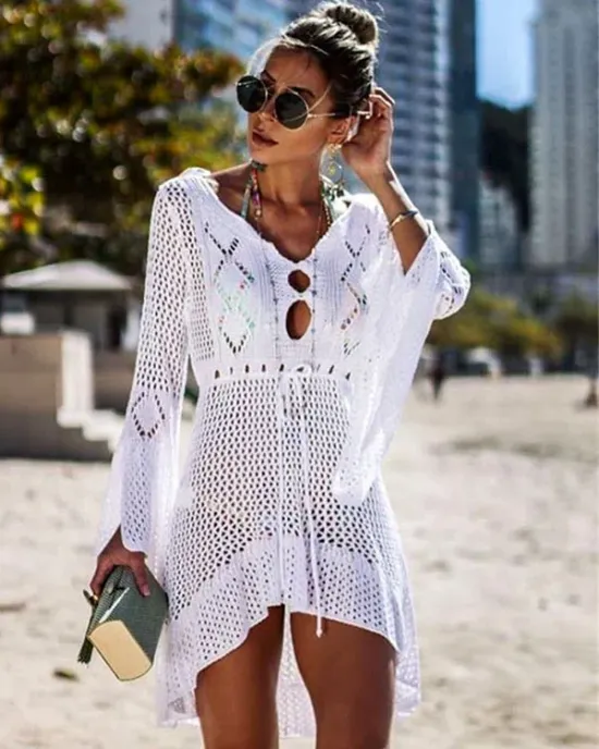 Flared Sleeves Crochet Swimwear Cover-Ups