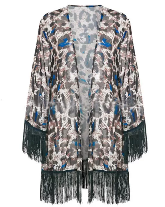 Leopard Printed Tasseled Loose Cover-Up Top