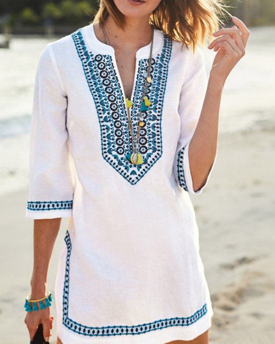 Embroidered Half Sleeves Cover-Ups Tops