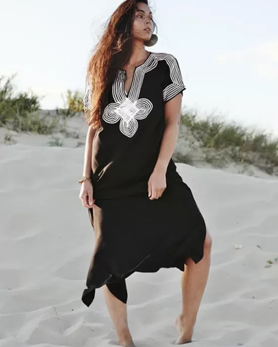 V-Neck Embroidered Split-Side Short Sleeve Cover-Up Swimwear