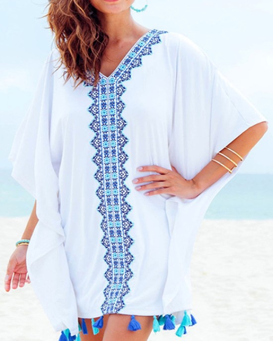 Printed Batwing Sleeves Tasseled Cover-up