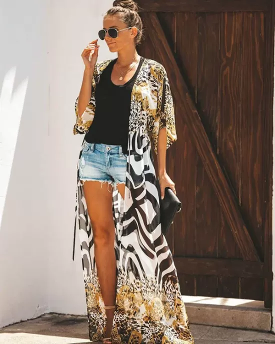 Chiffon Leopard&Zebra Short Sleeve Loose Cardigan Cover-Up Swimwear