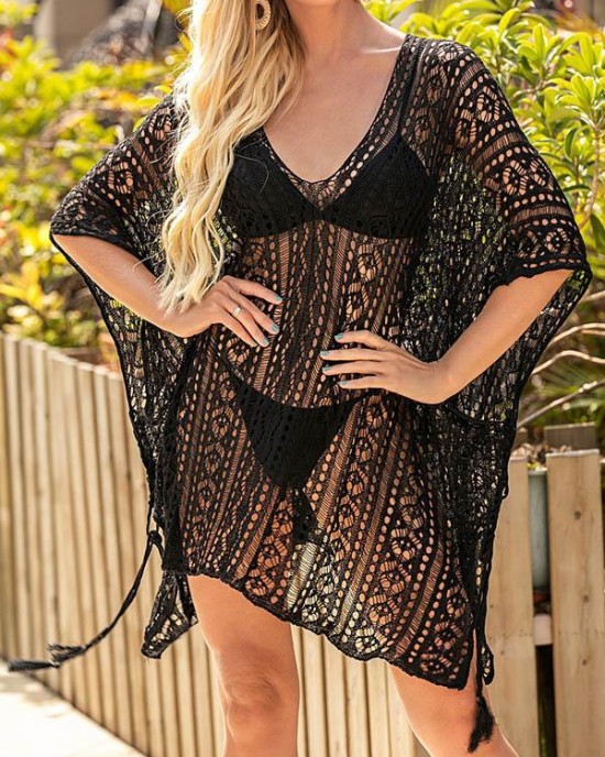 Lace Hollow Bat Sleeves Poncho Cover-Ups Tops