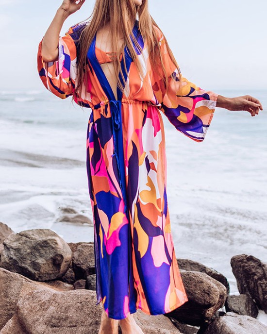 Floral-Print Long Sleeved Tunicshang Cover-Ups Tops