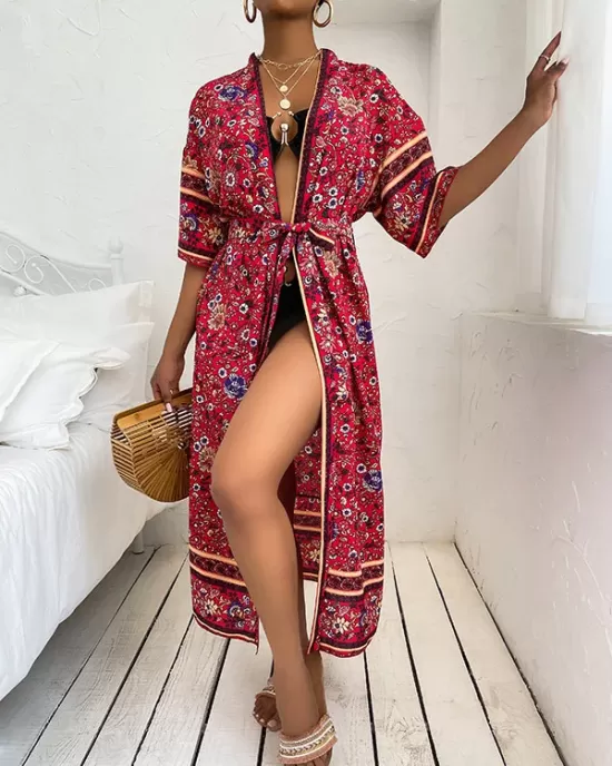 Loose Short Sleeve Floral Print Cardigan Cover-Up Swimwear