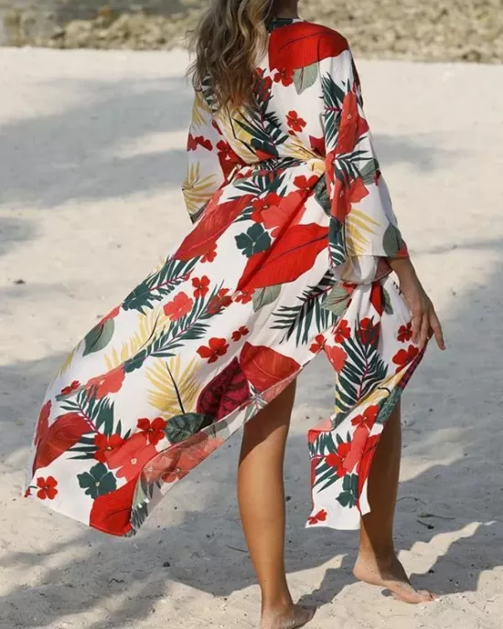 Floral-Print Belted Long Sleeve Tunicshang Cover-Ups