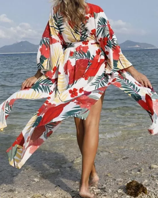 Floral-Print Belted Long Sleeve Tunicshang Cover-Ups