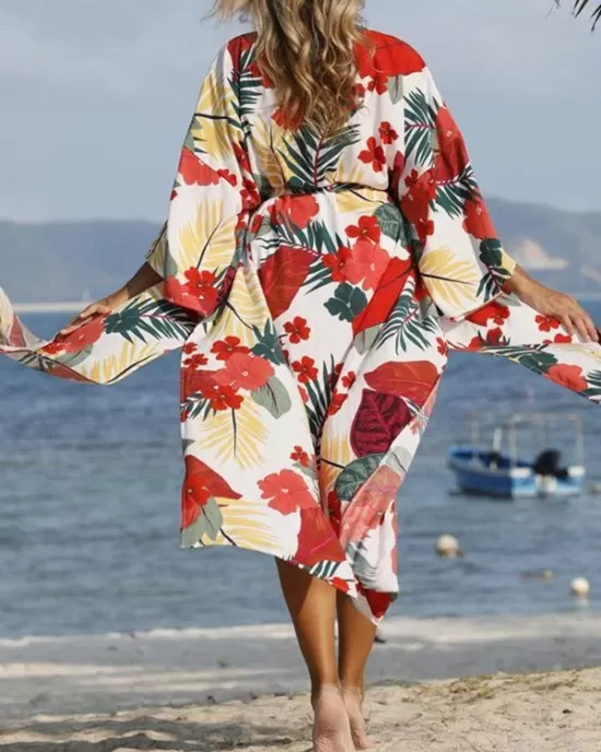 Floral-Print Belted Long Sleeve Tunicshang Cover-Ups