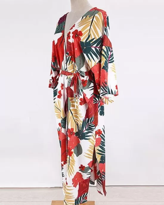 Floral-Print Belted Long Sleeve Tunicshang Cover-Ups