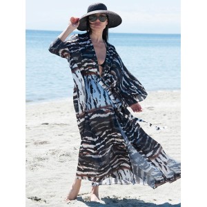 Long Sleeves Floral Printed Chiffon Cardigan Cover-Up Swimwear