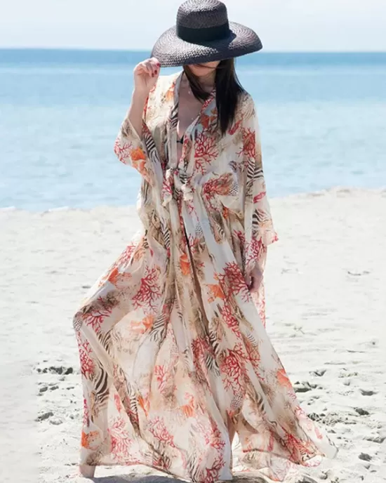 Long Sleeves Floral Printed Chiffon Cardigan Cover-Up Swimwear