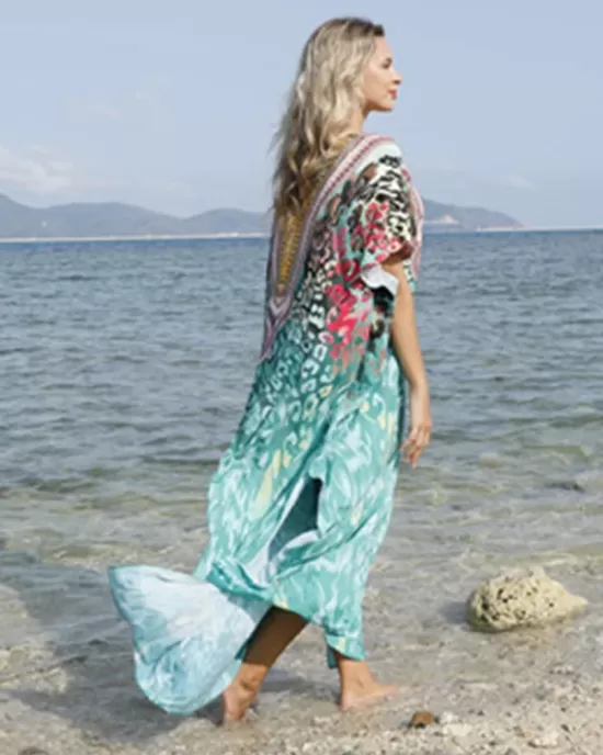 Half Sleeve V-Neck Floral Printed Split-Side Cover-Up Swimwear