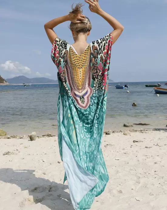 Half Sleeve V-Neck Floral Printed Split-Side Cover-Up Swimwear