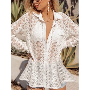 See-Through Lace Split-Joint Long Sleeved Shirt Cover-Ups Tops