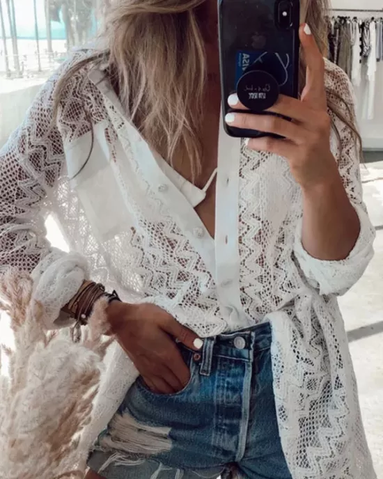 See-Through Lace Split-Joint Long Sleeved Shirt Cover-Ups Tops