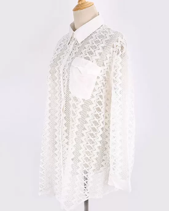 See-Through Lace Split-Joint Long Sleeved Shirt Cover-Ups Tops