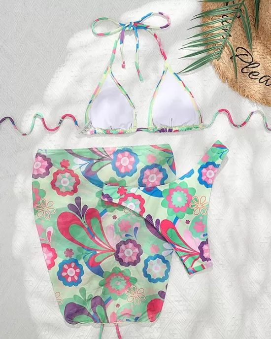 Floral-Print Triangles Bikini Swimsuit+Smocked Cover-Up Three-Piece Set