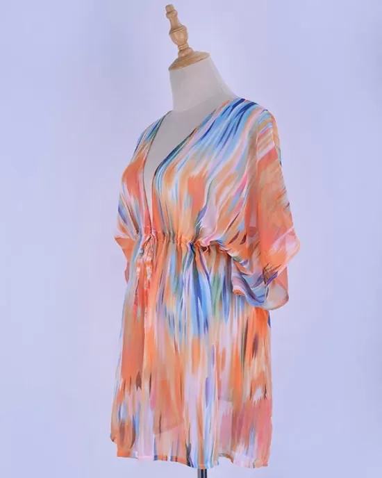 Colorful Gradient Bat Sleeves Belted Cover-Ups Tops