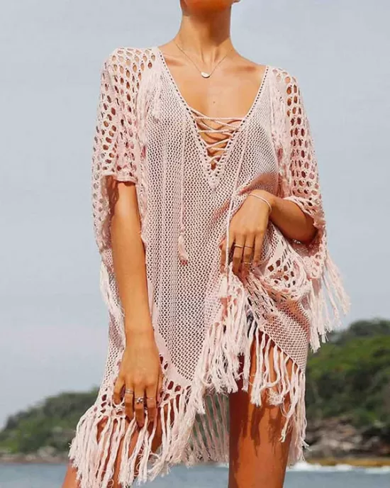 Crochet See-Through Half Sleeves Cover-Ups Tops