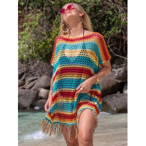 Loose Bandage Contrast Color Tasseled Split-Side Cover Up