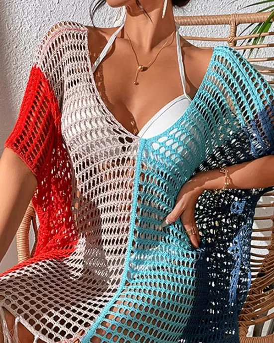 Vacation Loose Patchwork V-Neck Cover-Ups Swimwear