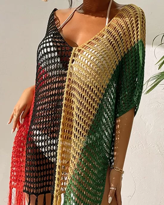 Vacation Loose Patchwork V-Neck Cover-Ups Swimwear