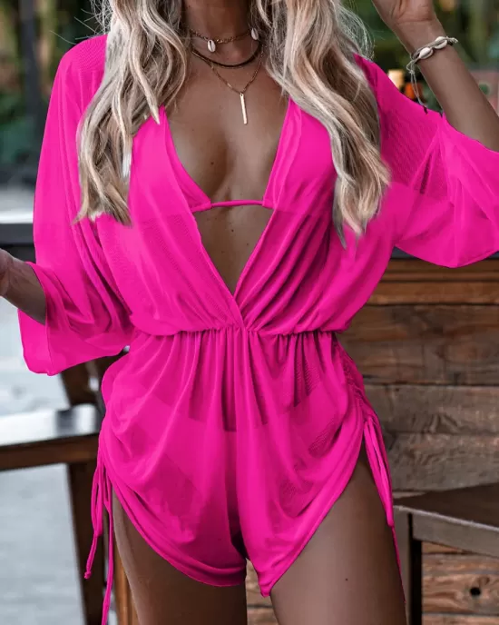 Three Pieces Set Loose Solid Color Padded Halter-Neck Bikini Swimsuit &Cover-Ups Rompers Swimwear