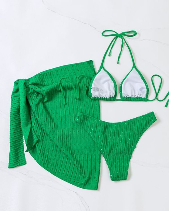 Simple Three Pieces Halterneck Triangle Bikini Set