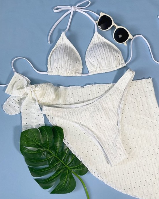 Simple Three Pieces Halterneck Triangle Bikini Set