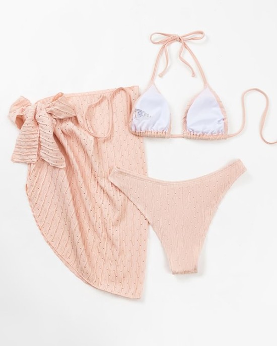 Simple Three Pieces Halterneck Triangle Bikini Set