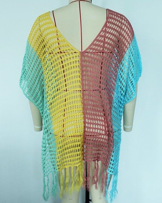 Colorful V-Neck Tassles Mini Cover-Ups Dress