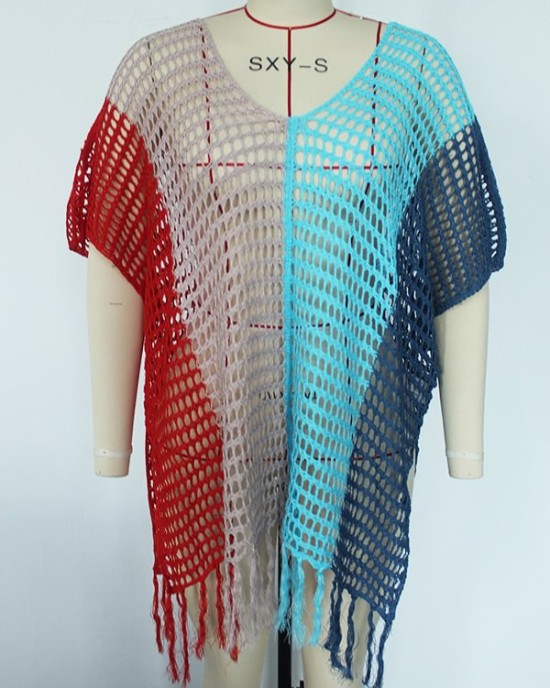 Colorful V-Neck Tassles Mini Cover-Ups Dress