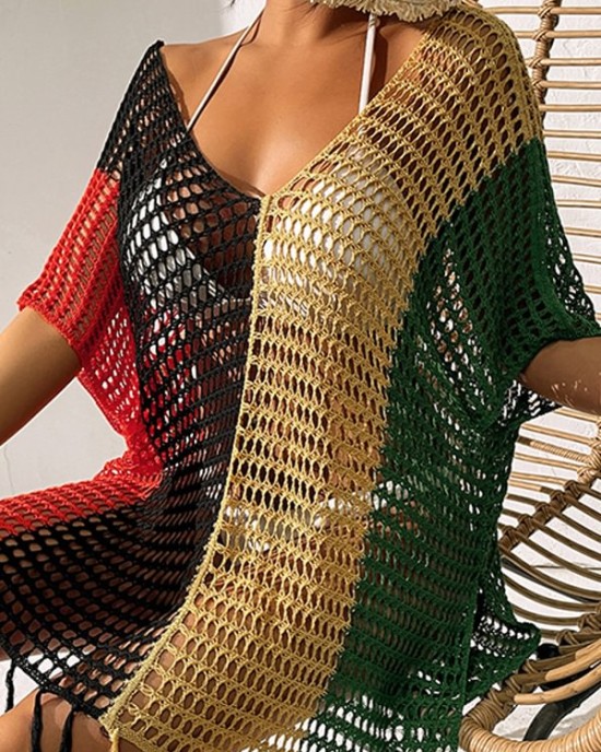 Colorful V-Neck Tassles Mini Cover-Ups Dress